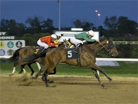 Desert Lightning gets up to defeat a gutsy Media Contact (4) in the 7th race at Assiniboia Downs on Friday night.
