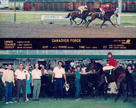 Brian Bochinski's first winner. Canadier Force. First winner, July 29, 1986.