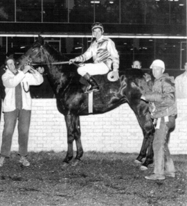 Bobbie Dimma aboard Rangatira after setting new track record at Assiniboia Downs. May 9, 1970.