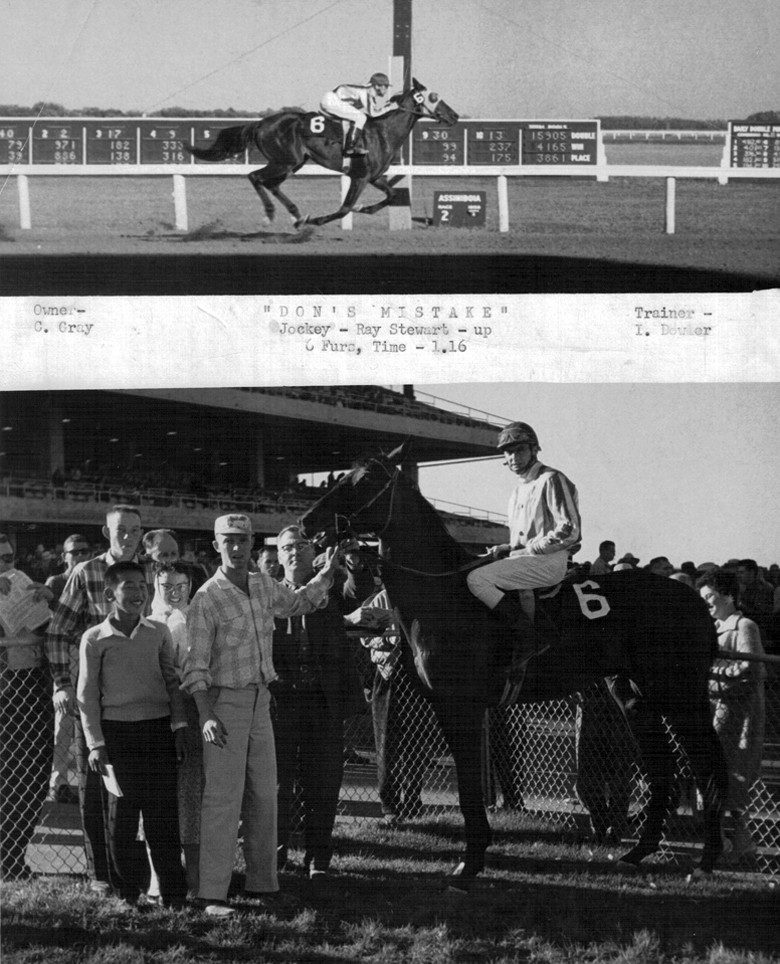Clayton Gray's first trip to the winner's circle with trainer and brother Don. Don's Mistake. September 8, 1958.