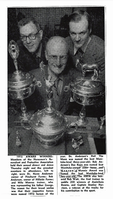 1972 HBPA award winners. - L to R, Dr. Norm Anderson, Bob Anderson & Milo Monroe. 