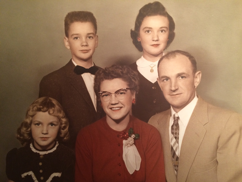George Monroe Family (1956) L-R, youngest daughter Jill, son Milo, wife Eva, eldest daughter Kay and George.