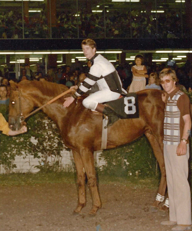 Federal Ruler. Ken Hendricks up, with trainer Brian Palaniuk on the right. July 4, 1975 Independence Day Purse.