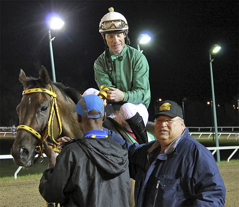 Trainer Ardell Sayler with Balooga Bull after record third straight Gold Cup victory at ASD in 2014. Paul Nolan up.