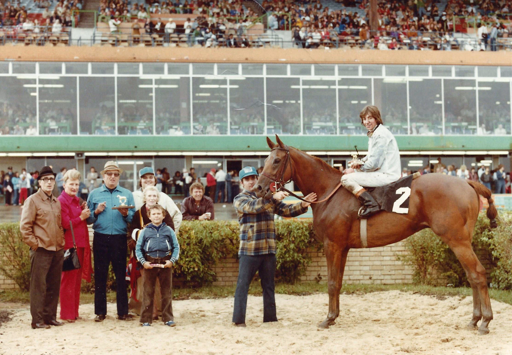 Nick Block's Scarlet Rich wins the River Park Handicap at ASD in 1979.