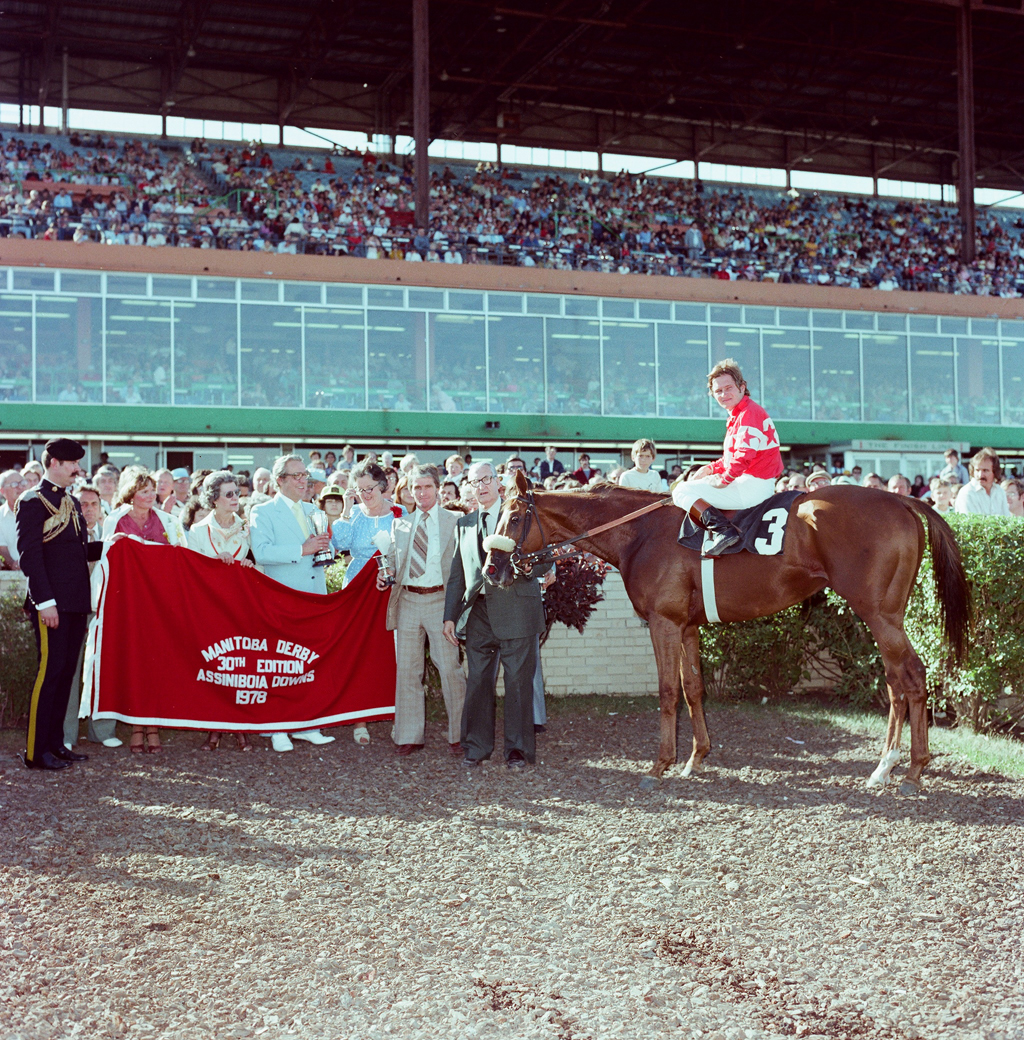 Overskate in the winner's circle after his victory in the Manitoba Derby on September 9, 1978.