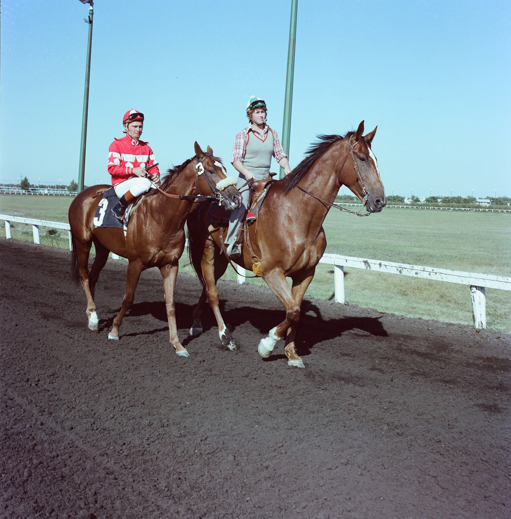 Overskate and jockey Robin Platts go to post for the 30th running of the Manitoba Derby in 1978.