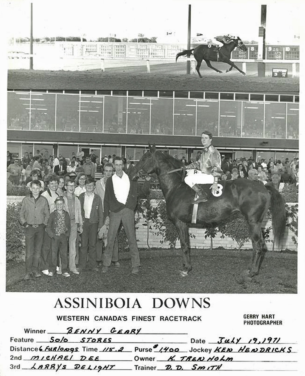 Keith Trenholm holding Benny Geary in the ASD winner's circle. July 19, 1971.