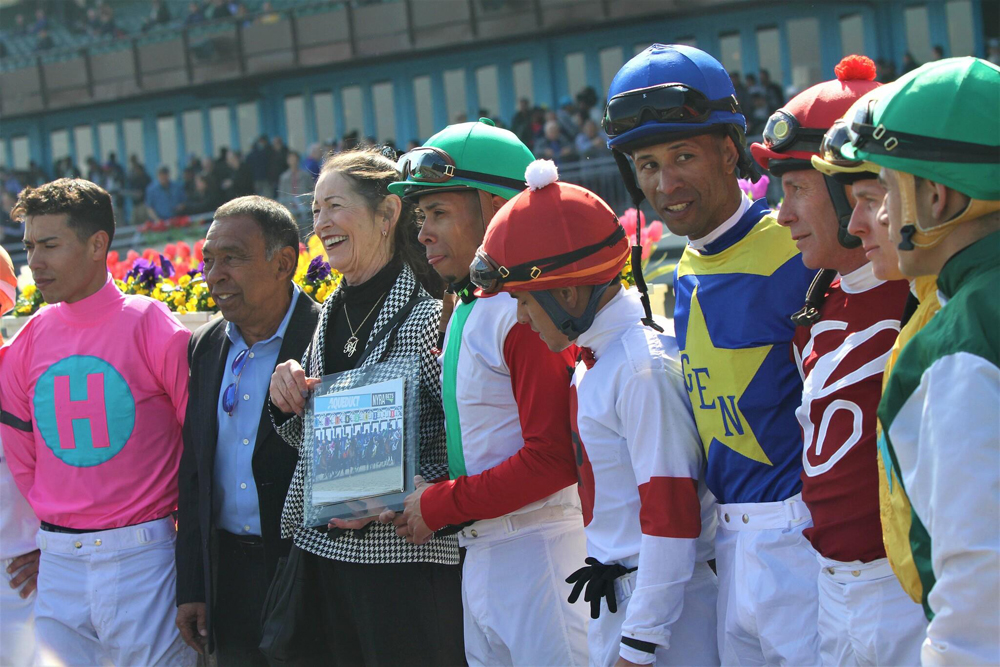 Former jockey the first woman to win a race In New York. Kacy Hayes photo. April 6, 2019. Aqueduct.