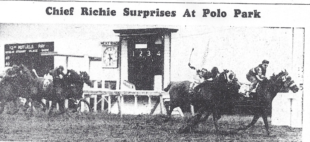 Contributor, second on the outside prepares to take a nip out of Chief Richie. June 20, 1942. Polo Park Racetrack.