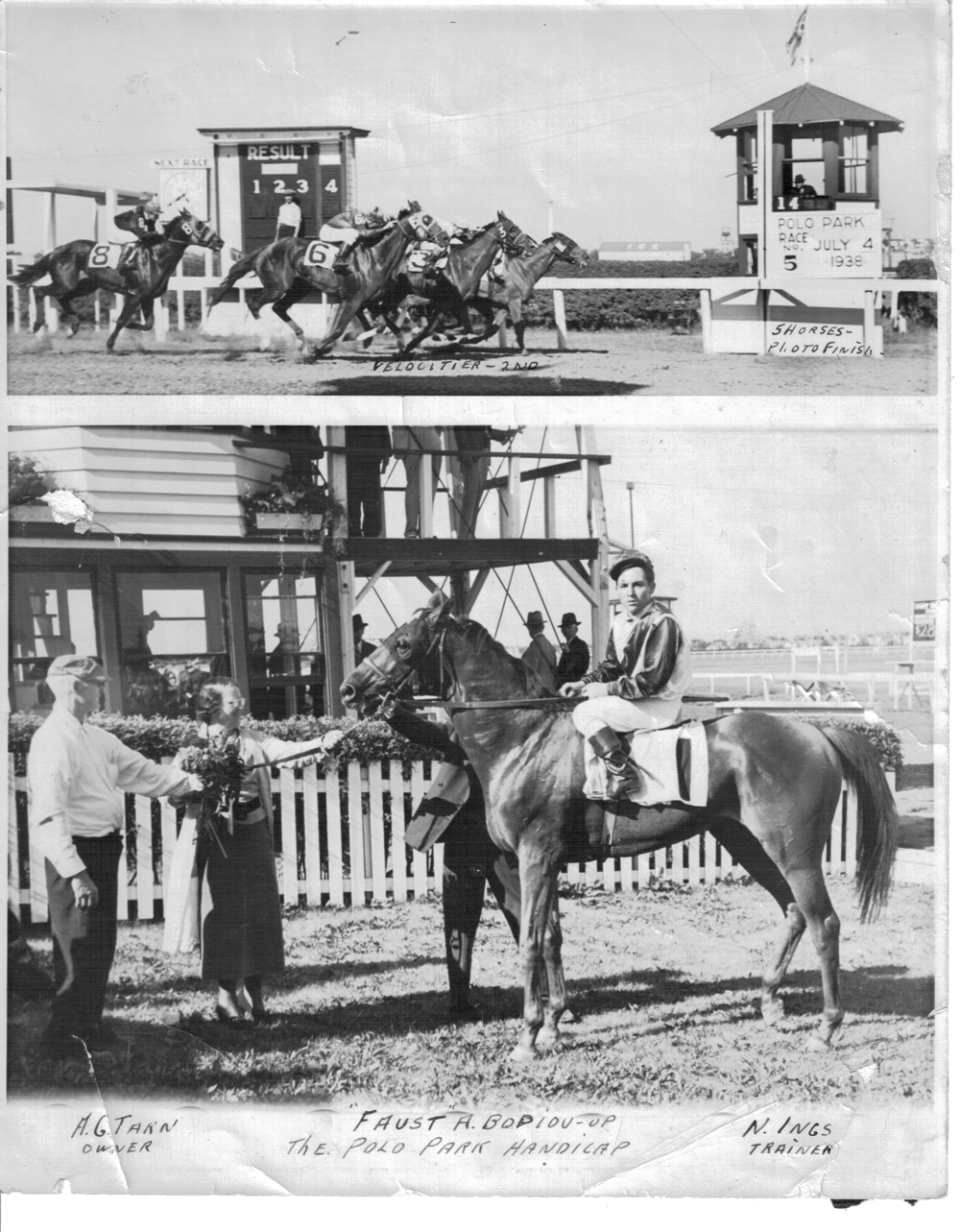Faust wins blanket finish in the Polo Park Handicap. Polo Park Racetrack, July 4, 1938. 