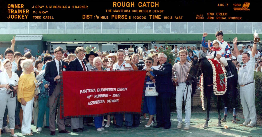 Harvey Warner and partners celebrating their Manitoba Derby win with Rough Catch in 1993.