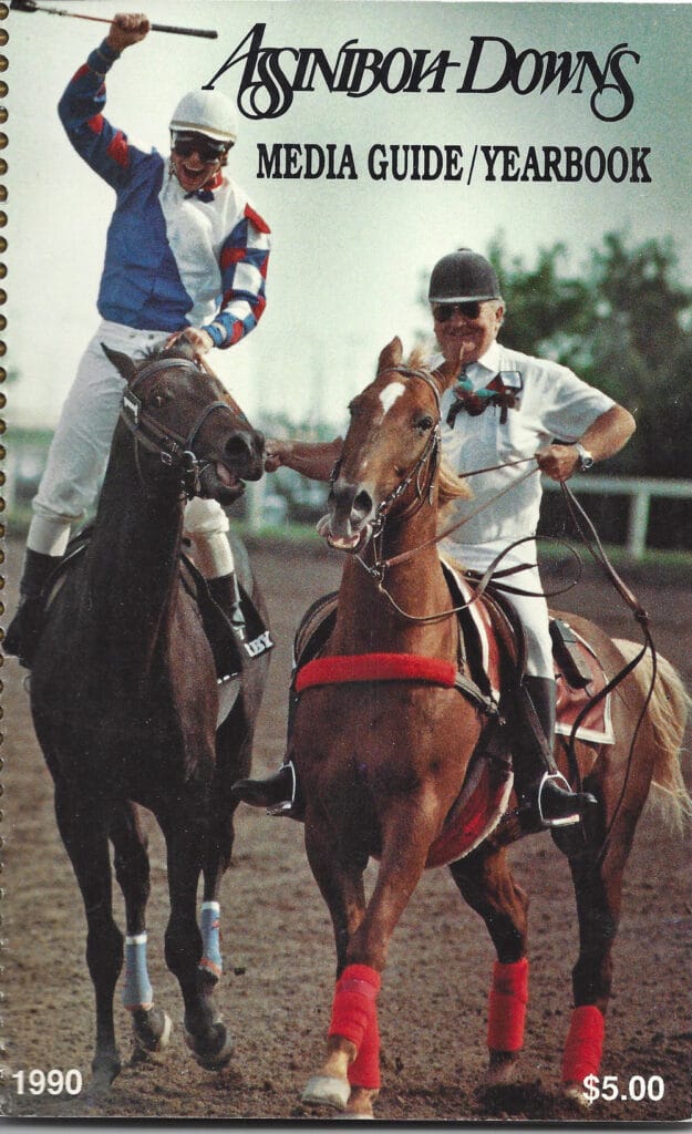 Todd Kabel, Manitoba Derby winner Rough Catch and Eddie Russell on the cover of the 1990 ASD Media Guide.
