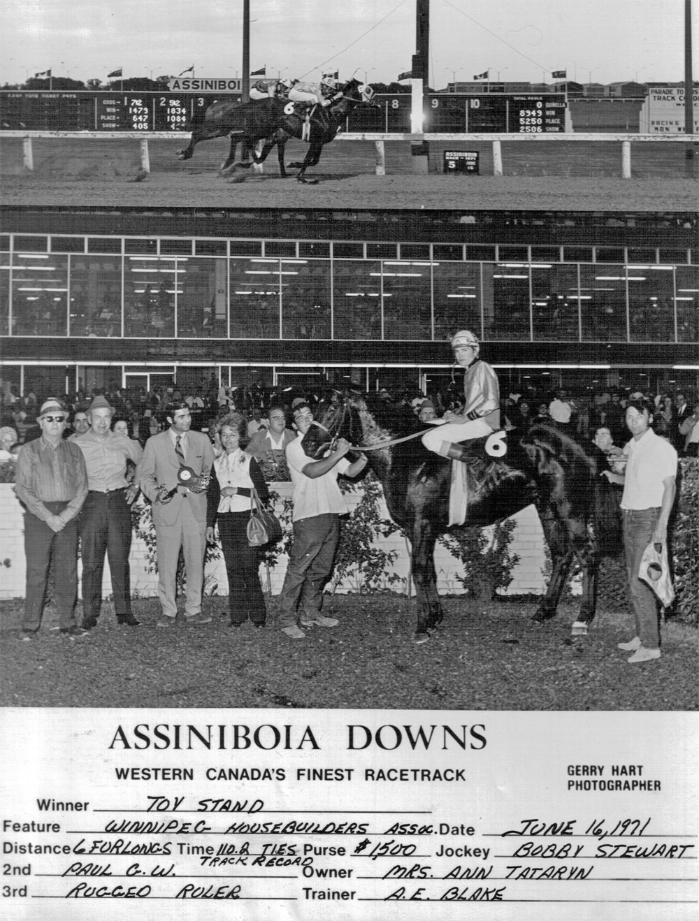 Toy Stand equals six-furlong track record at Assiniboia Downs. June 16, 1971. 
