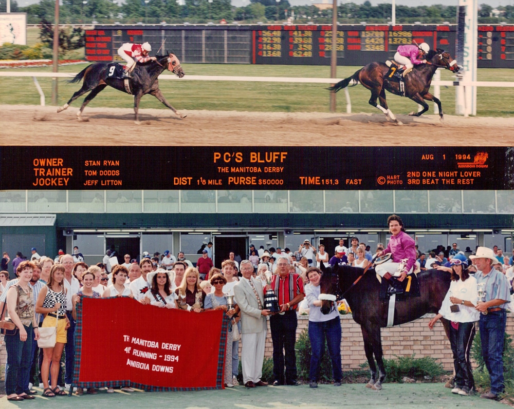 Trainer Tom Dodds wins the 1994 Manitoba Derby with PC's Bluff.