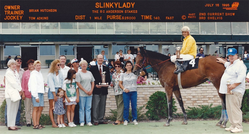 Brian "Hutch" Hutcheon wins the 1995 R. C. Anderson Stakes with Slinkylady.