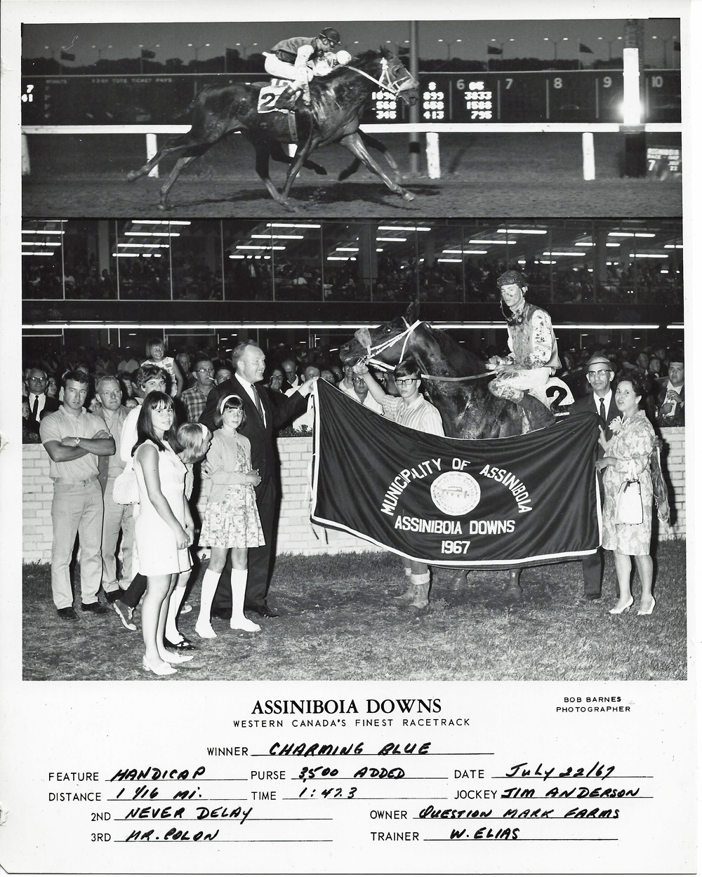 Charming Blue wins the Municipality of Assiniboia Handicap at ASD. July 22, 1967.