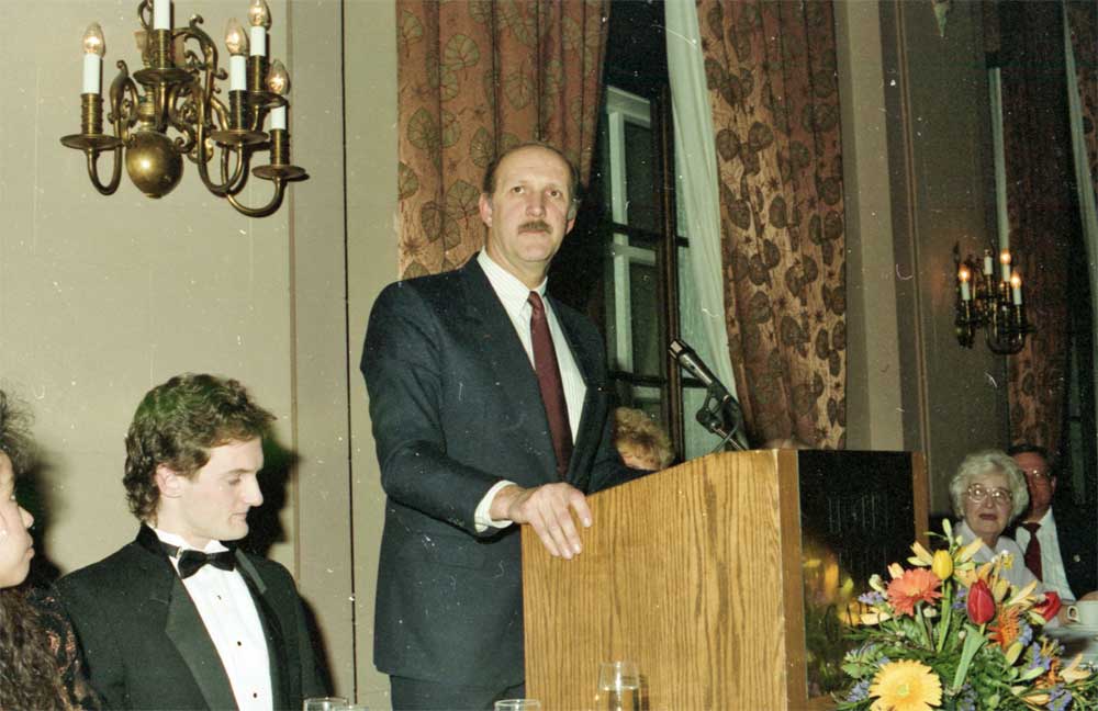 From the 1990 Horse Awards Dinner at the Fort Garry Hotel. A young Darren Dunn listens intently to Paul Robson.