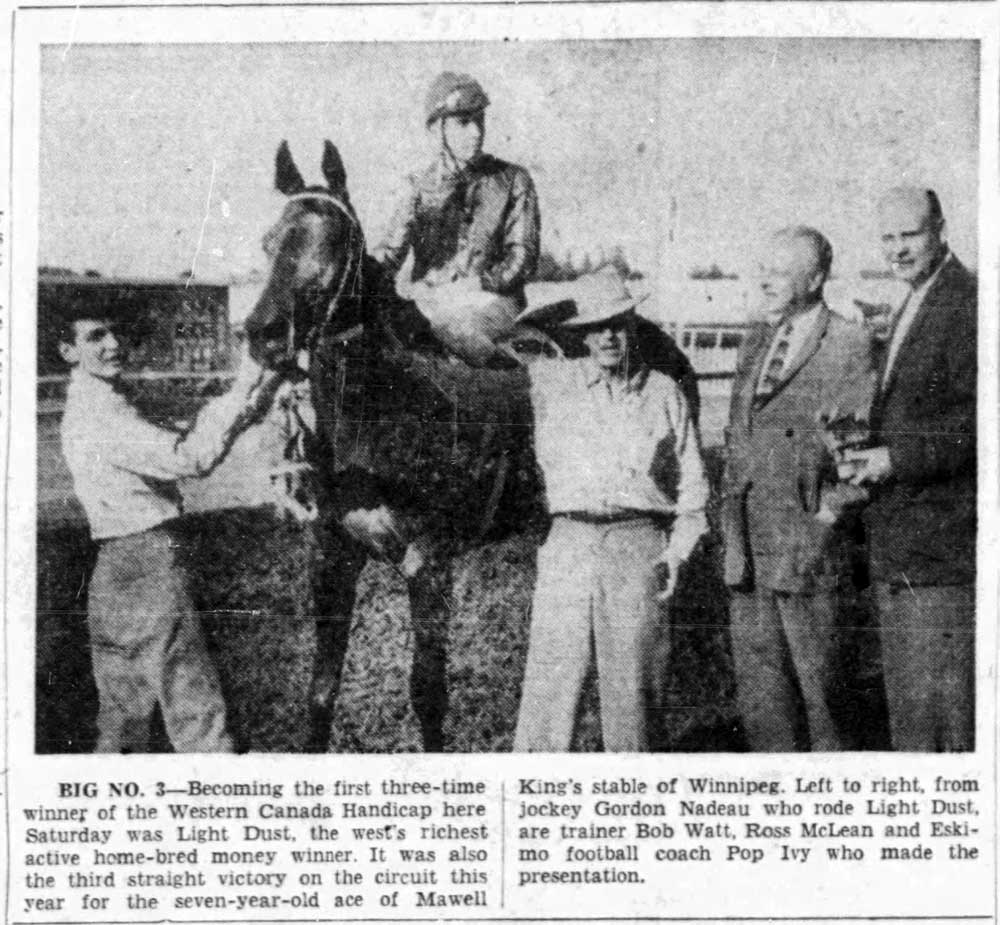 Light Dust becomes the only horse to win the Western Canada Handicap three times. Edmonton Journal.