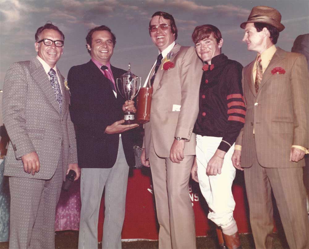 1972 Manitoba Derby trophy presentation. L to R: Tom Morton, Premier Ed Schreyer, Dick Bonnycastle (Harlequin Ranches) Bobby Stewart and Jerry Lavigne.