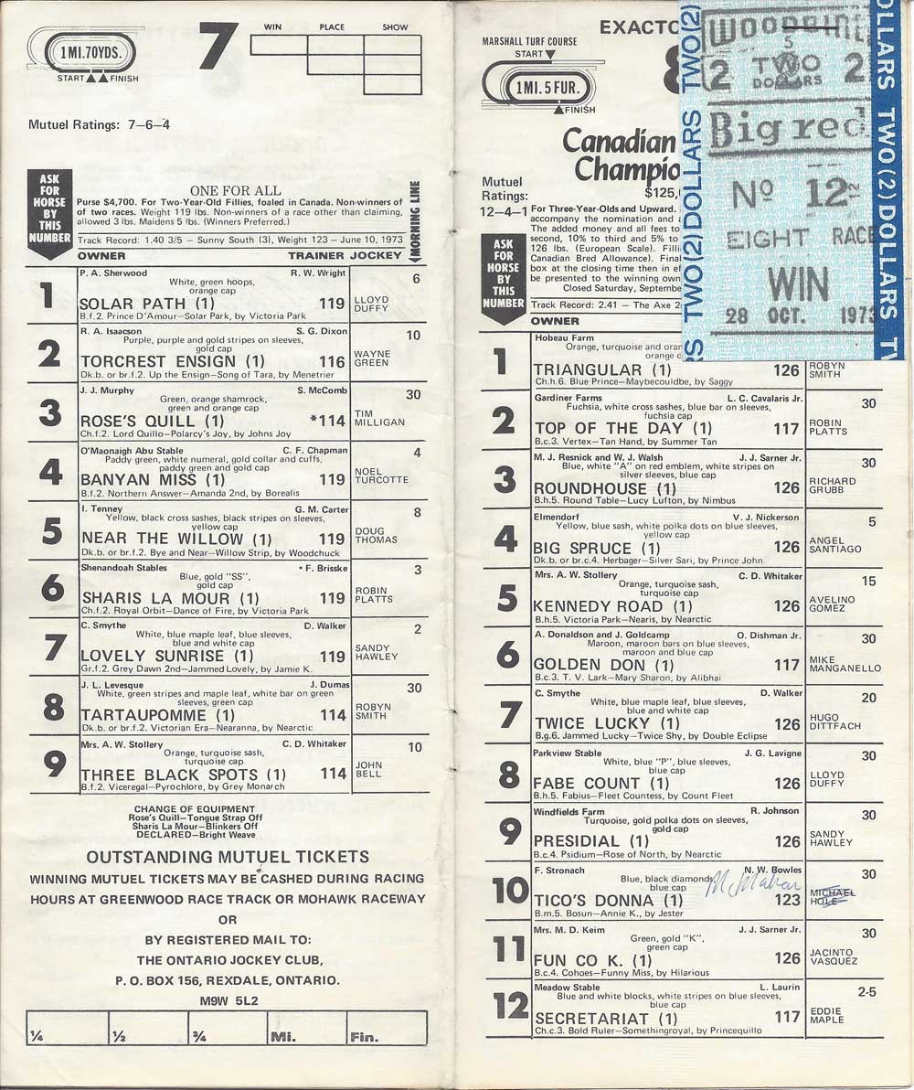 36th running of the Canadian International Championship at Woodbine with a $2 Win Ticket on Secretariat. October 28, 1973.