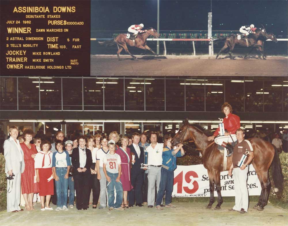 Dawn Marches On wins the 1982 Debutante Stakes for Hazelridge Holdings and Bob Crockett, second from left of horse.