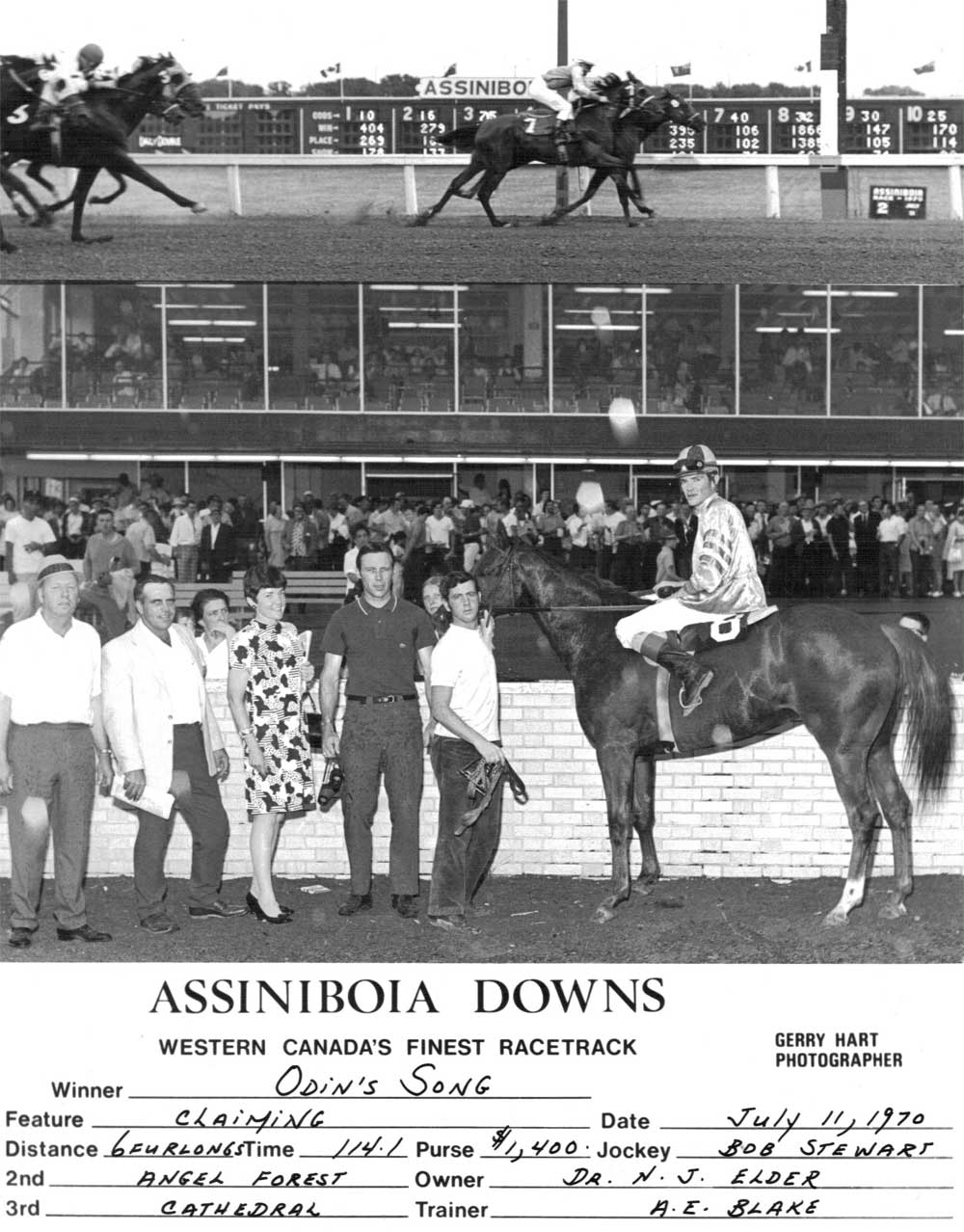 Odin's Song wins at Assiniboia Downs. July 11, 1970. Norm Elder second from left of horse. Trainer Bert Blake on far left.