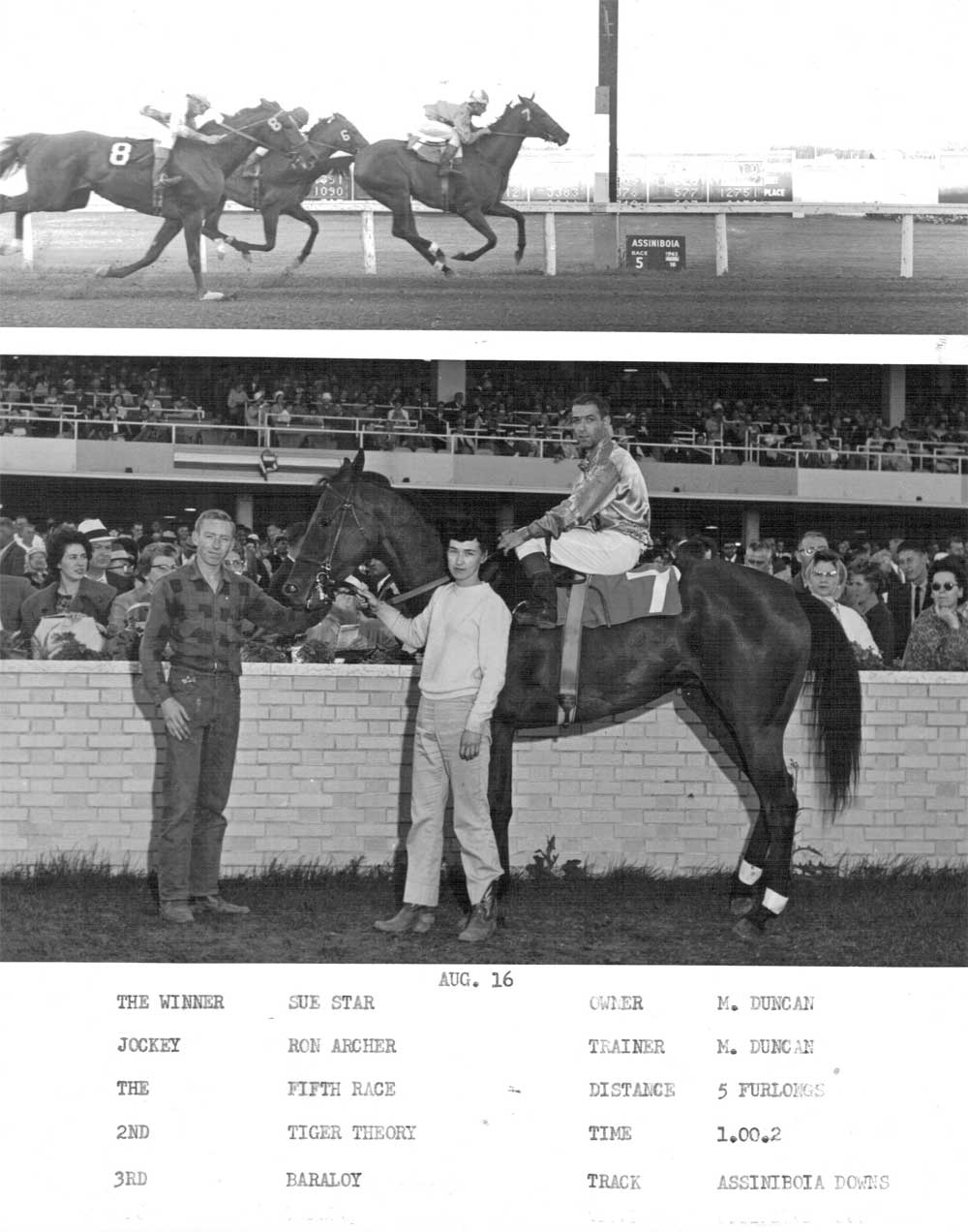 Sue Star wins the 5th race at ASD on August 16, 1962 for a owner-trainer Murray Duncan.