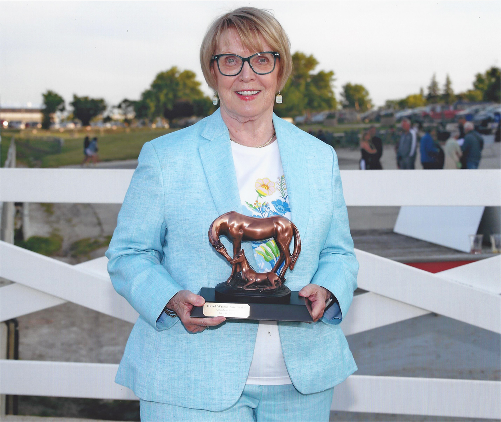 Lorraine Wright with the trophy for the Hazel Wright Sire Stakes. July 11, 2023 