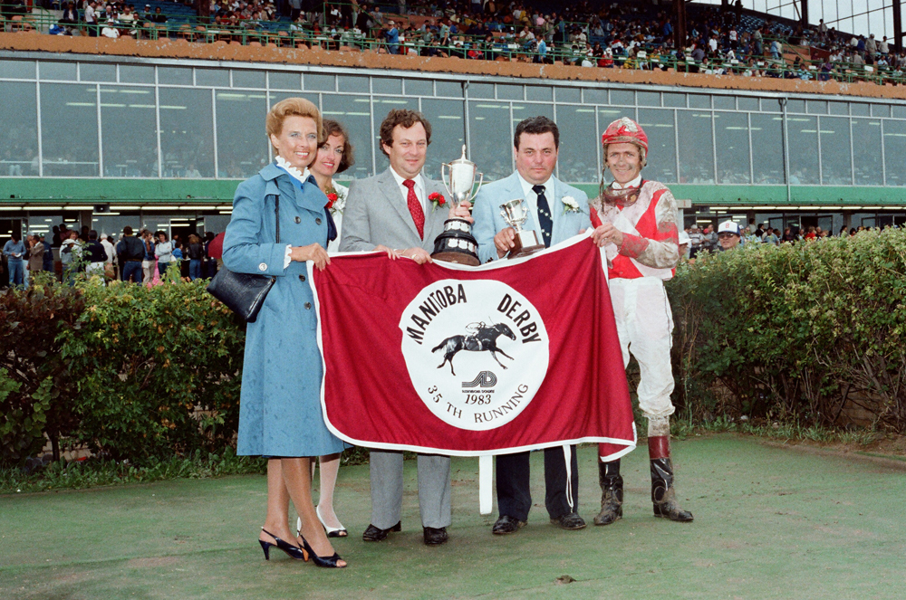1983 Manitoba Derby Trophy presentation. Gone to Royalty. Winning jockey Irwin Driedger on the far right.